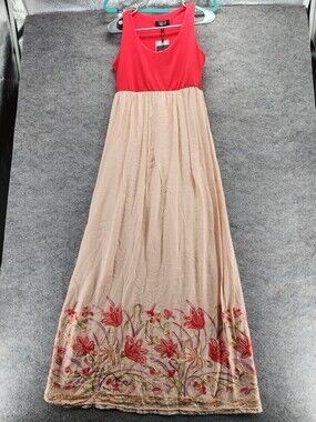 LBisse Maxi Dress Womens Medium Sleeveless Coral Floral Embroidery